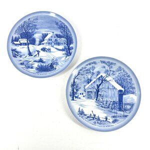 Vintage Blue White Currier & Ives “Old Homestead in Winter” Japan Plate Set of 2